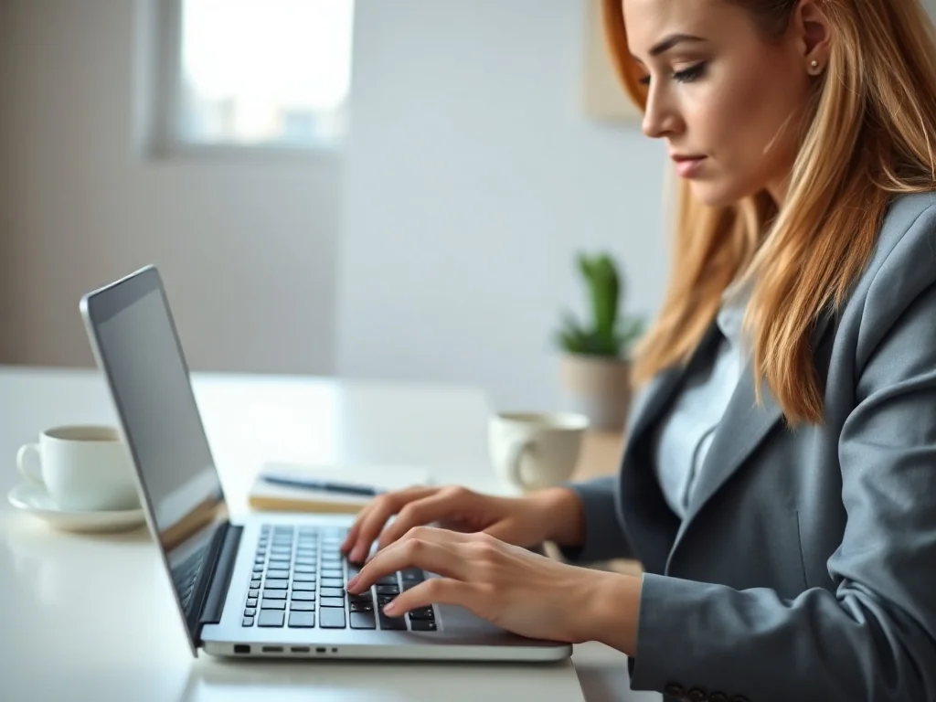 Kobieta pracująca przy laptopie w nowoczesnym biurze, skupiona na pisaniu na podświetlanej klawiaturze.