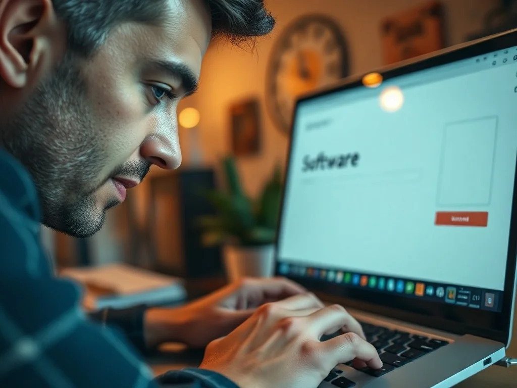 Mężczyzna w domowym biurze skupiony na ekranie laptopa podczas procesu instalacji nowego systemu operacyjnego.