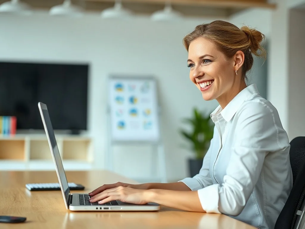 Kobieta uśmiecha się podczas pracy przy laptopie, na którego ekranie widoczne są kolorowe ikony emotikonów.