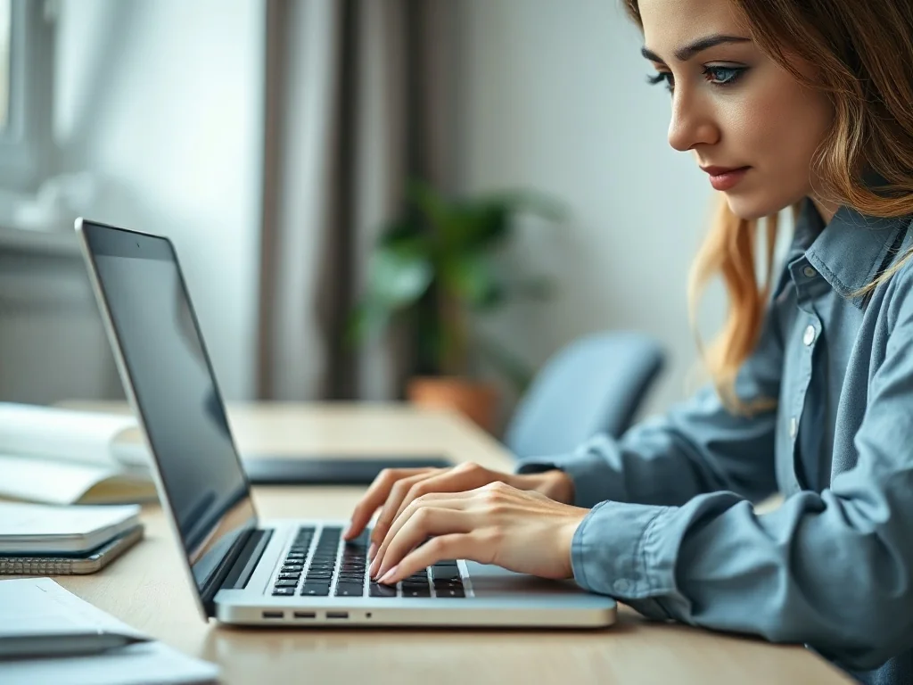 Kobieta pracująca na laptopie w jasnym biurze, ilustrująca proces edycji dokumentów w programie Word.