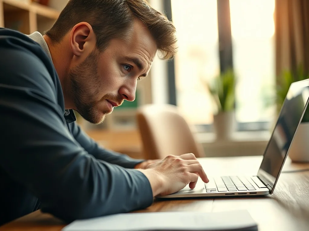 Mężczyzna konfiguruje nowoczesną drukarkę podłączoną do laptopa na drewnianym biurku w domowym biurze.