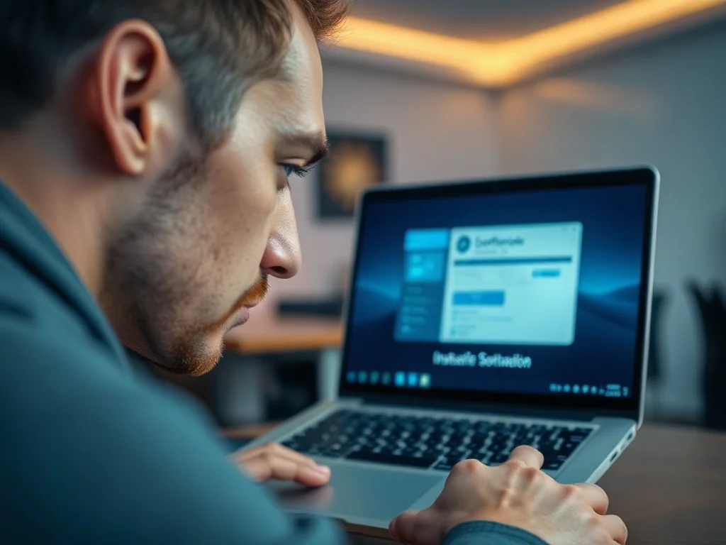 Mężczyzna skupiony na ekranie laptopa z otwartym interfejsem instalacji systemu Windows w nowoczesnym biurze.