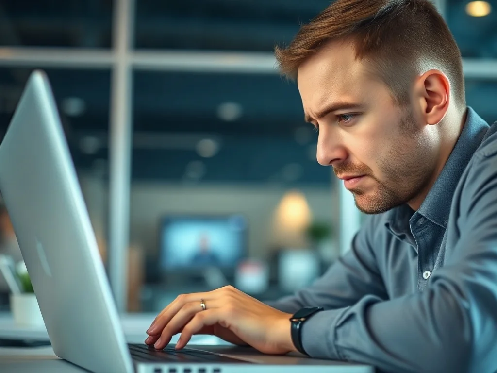 Zestresowany mężczyzna przed laptopem w biurze, ilustrujący potrzebę wycofania wysłanej wiadomości e-mail.