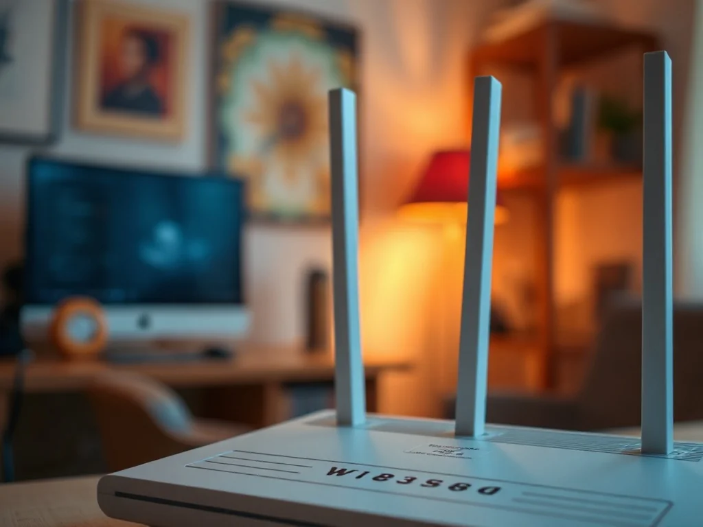 Zbliżenie na etykietę routera Wi-Fi z kodem zabezpieczającym, ułatwiające lokalizację klucza sieciowego w domowym biurze.