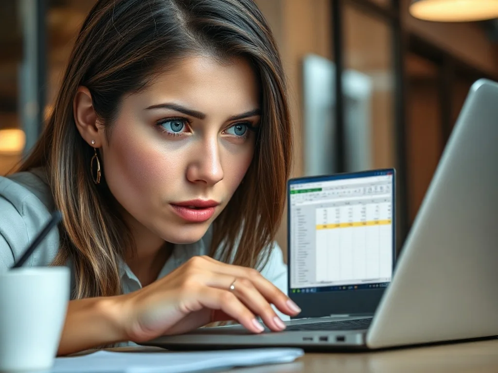 Kobieta pracująca przy laptopie z otwartym arkuszem kalkulacyjnym, na którym widoczna jest lista rozwijana w Excelu.