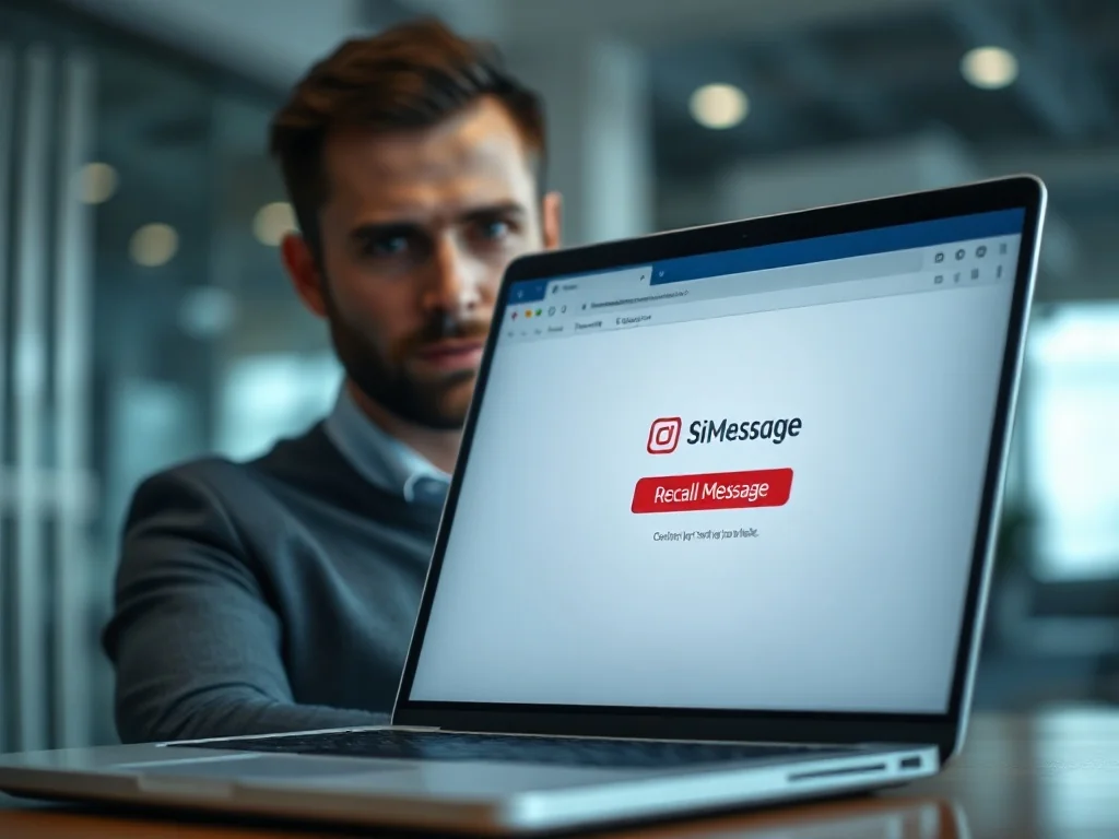 Mężczyzna z ulgą patrzy na ekran laptopa, na którym wyróżniono przycisk wycofywania wiadomości w programie Outlook.
