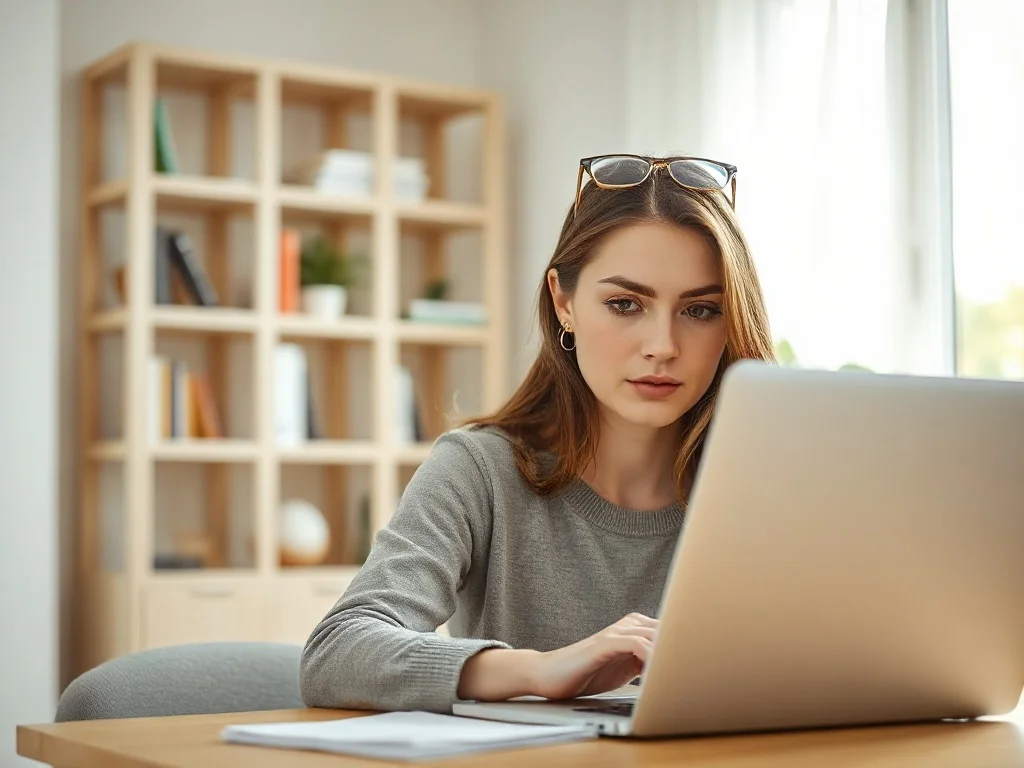 Kobieta pracująca przy laptopie, na którego ekranie widoczne są ustawienia marginesów w dokumencie tekstowym.