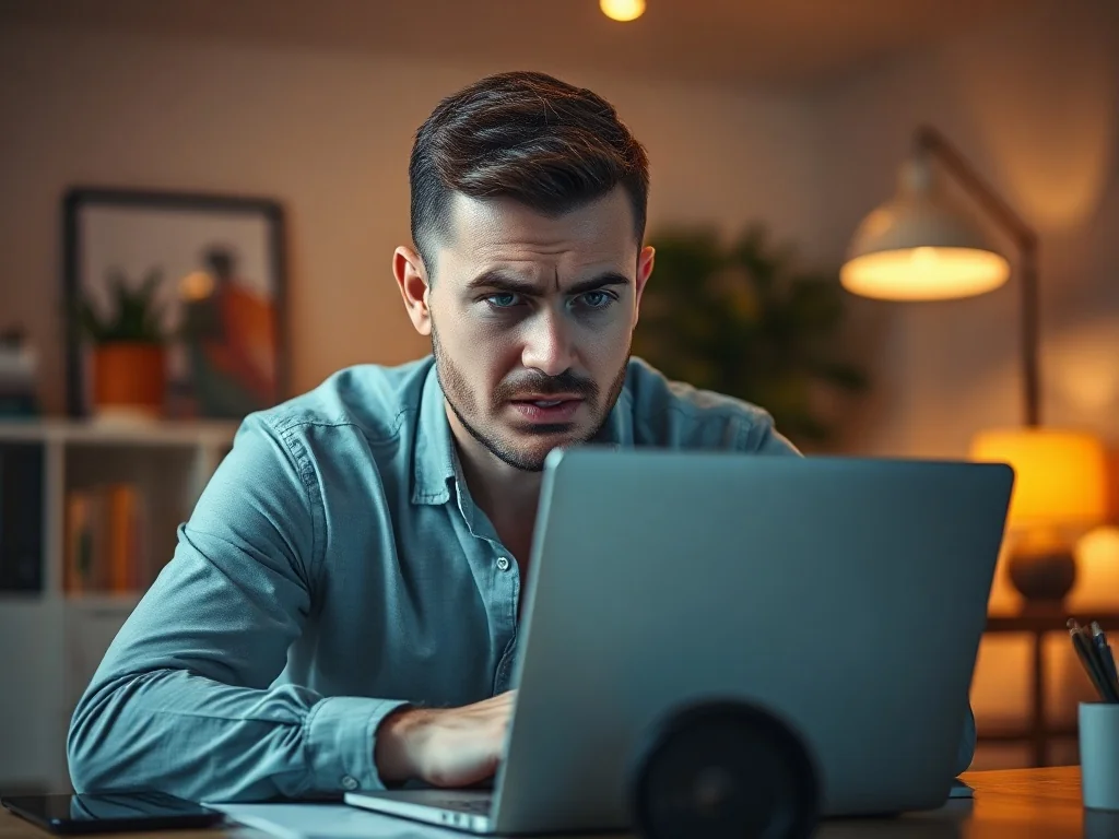 Zestresowany mężczyzna patrzący na ekran laptopa w domowym biurze, wyrażający frustrację z powodu utraty pracy w programie.