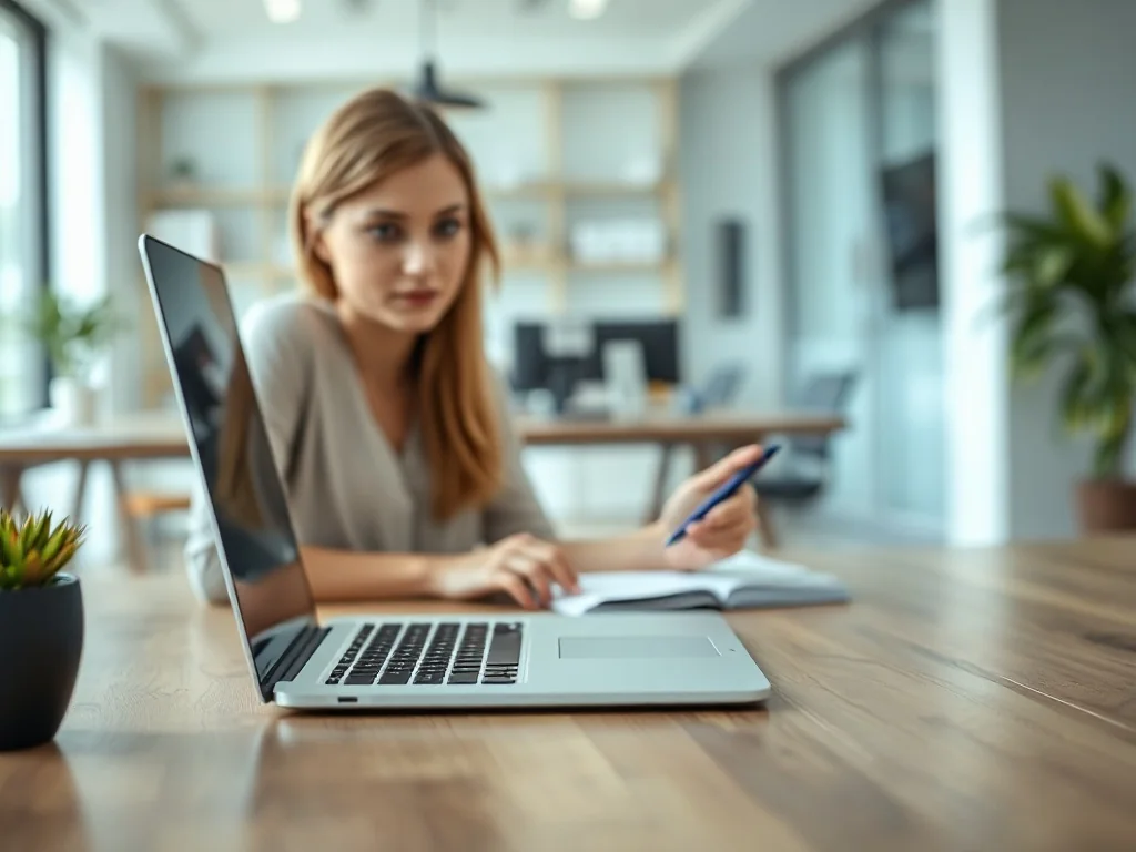 Kobieta pracująca przy laptopie w biurze, edytująca dokument w programie tekstowym.