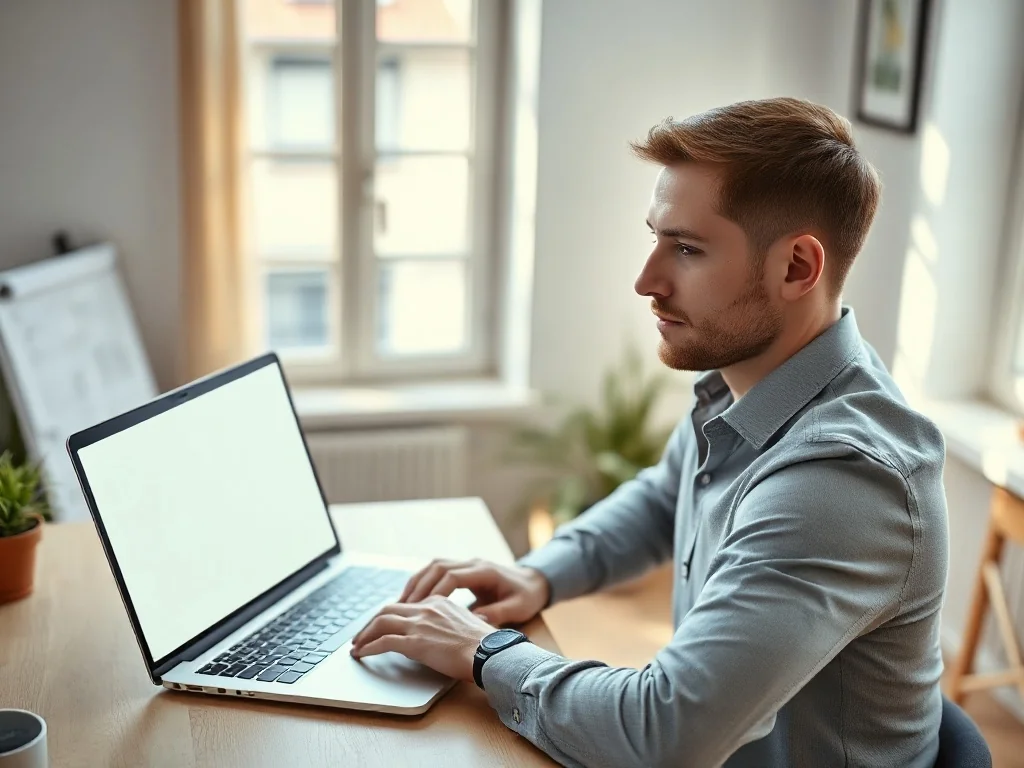 Mężczyzna pracujący przy laptopie z otwartym pustym dokumentem w jasnym, nowoczesnym biurze.